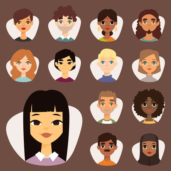 Set of diverse round avatars with facial features different nationalities clothes and hairstyles people characters vector illustration — Stock Vector