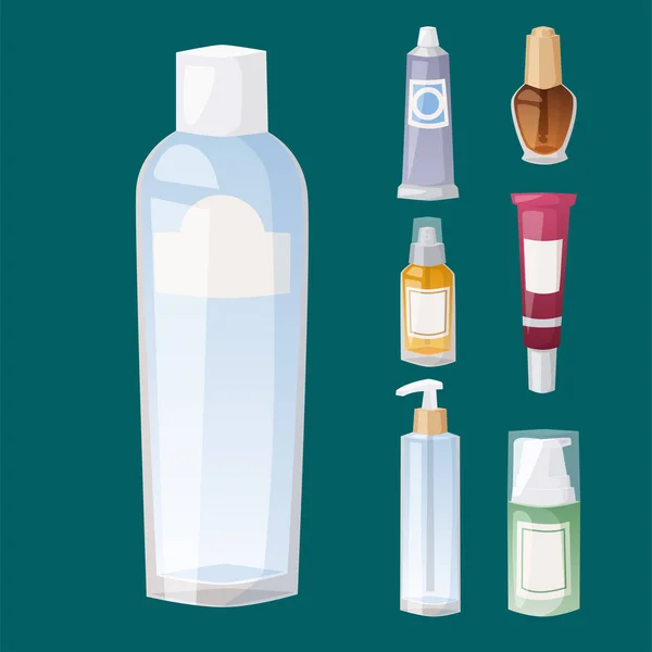 Botellas de cosmética cosmetología loción maquillaje belleza plástico líquido crema contenedor fluido paquete vector ilustración . — Vector de stock