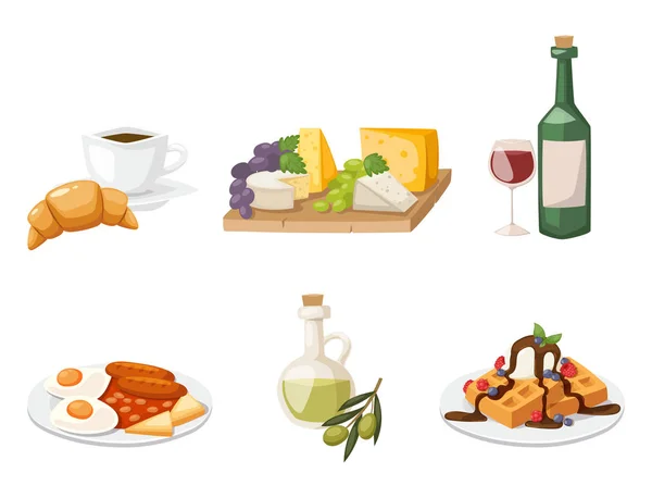 European tasty food cuisine dinner food showing delicious elements flat vector illustration. — Stock Vector