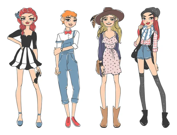 Moda olhar menina menina bonita mulher fêmea muito jovem modelo estilo senhora personagem vetor ilustração — Vetor de Stock