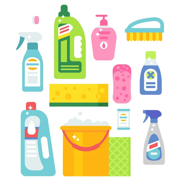 Reinigingsmiddel fles chemische huishoudelijk werk product zorg apparatuur schoonmaak vloeistof platte vectorillustratie wassen. — Stockvector