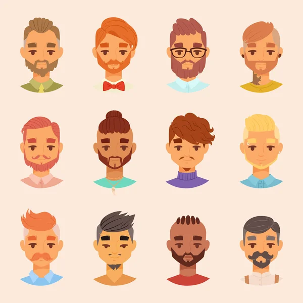 Personagem vário homem barbudo rosto avatar moda hipster penteado masculino cabeça pessoa com bigode vetor ilustração . —  Vetores de Stock