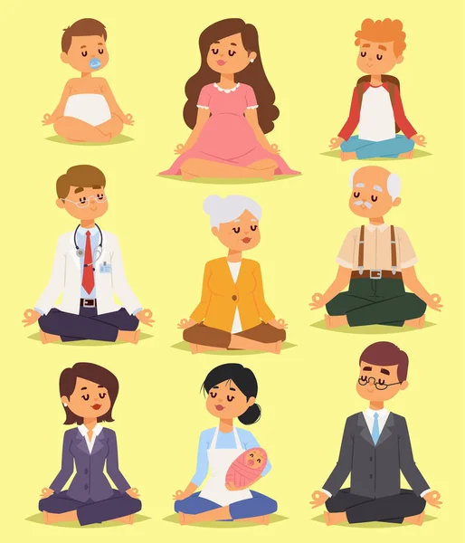 Posição de lótus ioga pose meditação relaxar pessoas personagem felicidade vetor ilustração . — Vetor de Stock