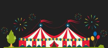 Sirk gösterisi eğlence çadır kayan yazı kayan yazı açık festival çizgili ve bayrakları izole karnaval işaretleri