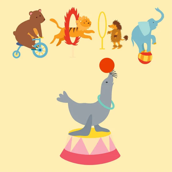 Circus grappige dieren set pictogrammen vrolijke dierentuin entertainment collectie jongleur huisdieren goochelaar performer carnaval vectorillustratie. — Stockvector