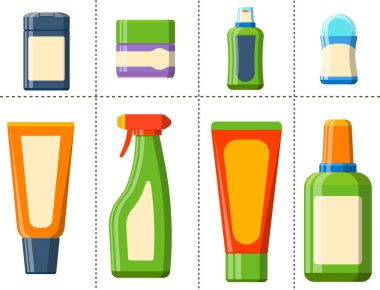 Banyo plastik şişe şampuan konteyner duş düz stil gösterim amacıyla banyo vektör hijyen tasarımı.