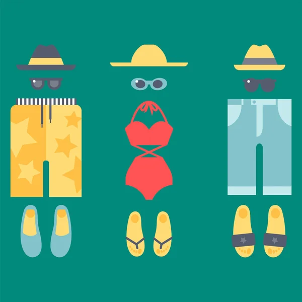 Vestuário de praia biquíni pano moda looks férias estilo de vida mulheres coleção mar luz beleza roupas vetor ilustraton —  Vetores de Stock