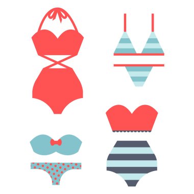 Beachwear bikini bez moda tatil yaşam tarzı kadın koleksiyonu deniz ışık güzellik giysi vektör illustraton görünüyor