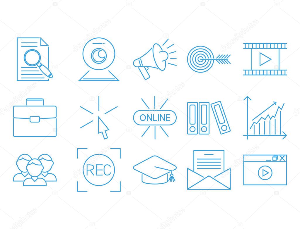 Flat outline icons online education staff training book store distant learning knowledge vector illustration
