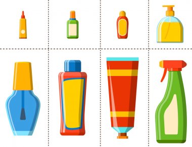 Banyo plastik şişe şampuan konteyner duş düz stil gösterim amacıyla banyo vektör hijyen tasarımı.