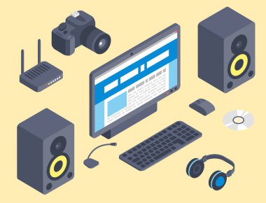 İzometrik bilgisayar aygıtları simgeler kablosuz teknolojiler mobil iletişim 3d illüstrasyon vektör kümesi