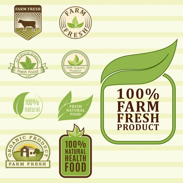 Biofattoria biologica eco modelli di cibo sano e vintage vegan colore verde per menu ristorante o illustrazione vettore distintivo pacchetto . — Vettoriale Stock