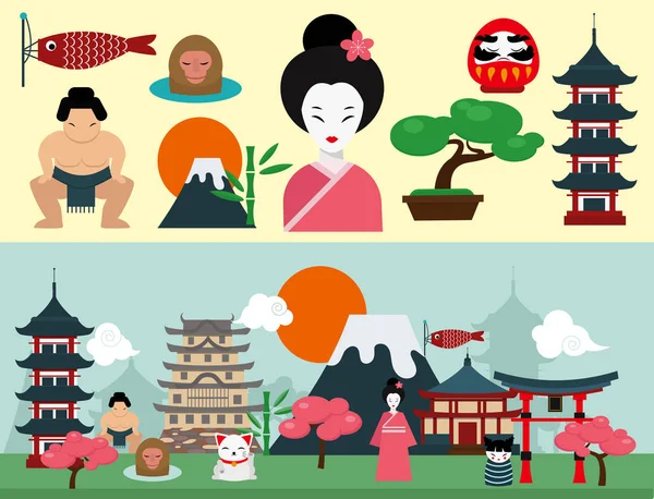 Japan landmark reizen vector iconen collectie cultuur teken design elementen reizen tijd vectorillustratie — Stockvector