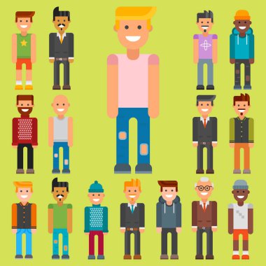 Grup erkek portre farklı milliyet dostluk karakter takım mutlu insanlar genç adam kişi vektör çizim.