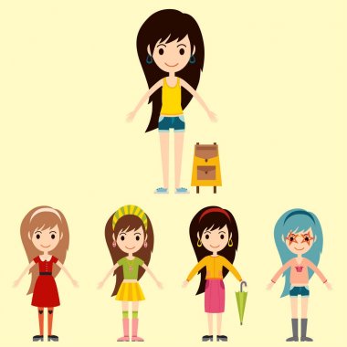Sokak moda girls modelleri giyim tarzı şık şık kadın karakter elbise görünüyor vektör çizim