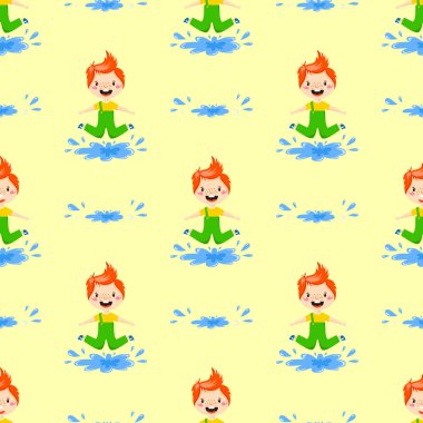 Çocuklar oyun keyfini bahar varış sıcak yaz küçük karakter seamless modeli mutlu oynarken vektör çizim.