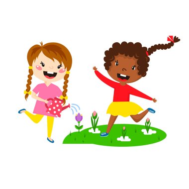 Çocuklar oyun keyfini bahar varış sıcak yaz küçük karakterler mutlu oynarken vektör çizim.