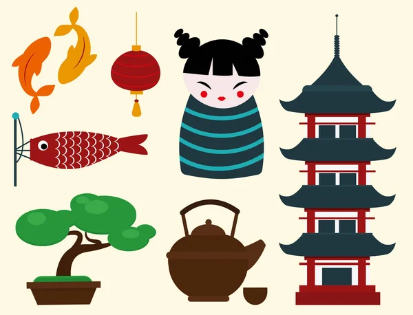 Japón hito viaje vector iconos colección cultura signo diseño elementos viaje tiempo vector ilustración — Archivo Imágenes Vectoriales