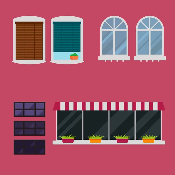 Diferentes tipos casa ventanas elementos estilo plano marcos de vidrio construcción decoración apartamento vector ilustración . — Vector de stock