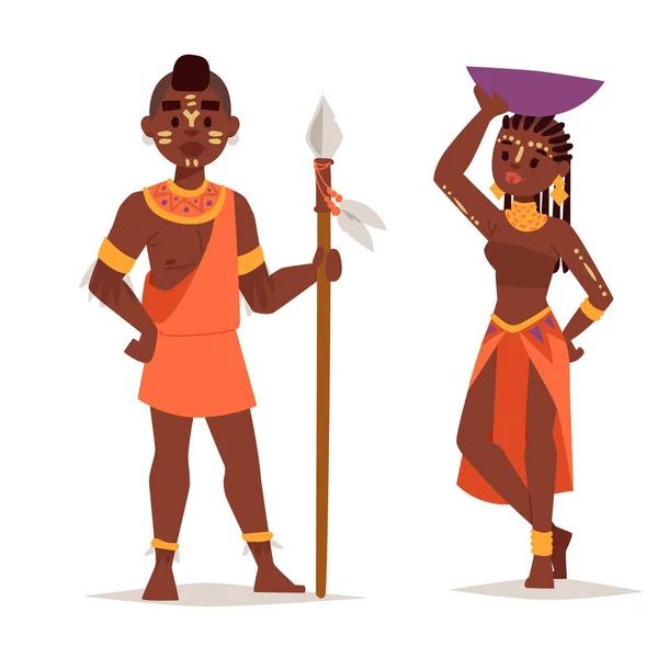 De Afrikaanse bevolking Maasai in traditionele kleding gelukkig mens gezinnen vector illustratie. — Stockvector