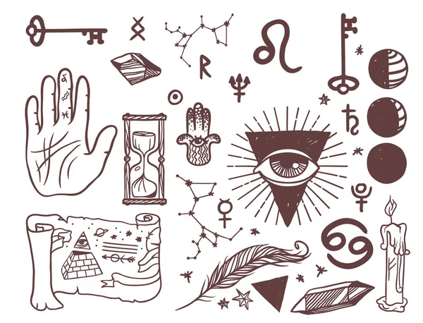 Trendige Vektor esoterische Symbole skizzieren handgezeichnete Religionsphilosophie Spiritualität Okkultismus Chemie Wissenschaft Magie Illustration — Stockvektor