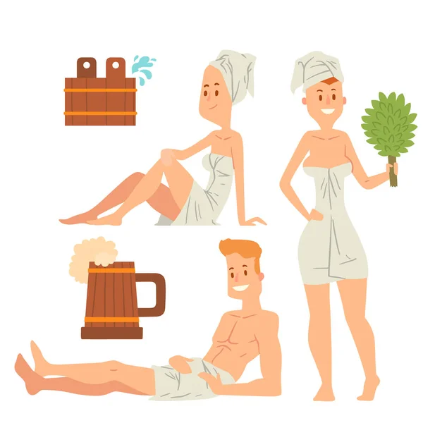 Baño personas cuerpo lavado cara y baño tomar vapor ducha tomar lujo relajación caracteres vector ilustración — Archivo Imágenes Vectoriales