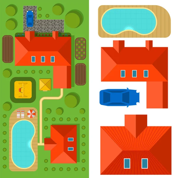 Plano de casa privada vector ilustración vista superior de la casa al aire libre paisaje villa mapa constructor diseño elementos de construcción . — Vector de stock