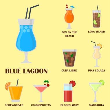 Alkol içki içecekler kokteyl lager konteyner sarhoş farklı gözlük vektör çizim.