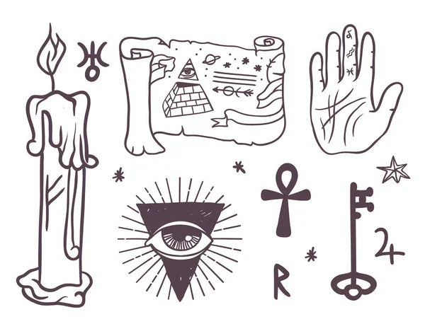 Trendy vector esoterische symbolen schets hand getrokken religie filosofie spiritualiteit occultisme chemie wetenschap magische illustratie — Stockvector