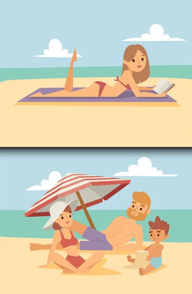 La gente en la playa al aire libre, el estilo de vida de verano la luz del sol vacaciones divertidas dibujos animados tiempo feliz personajes vector ilustración . — Archivo Imágenes Vectoriales