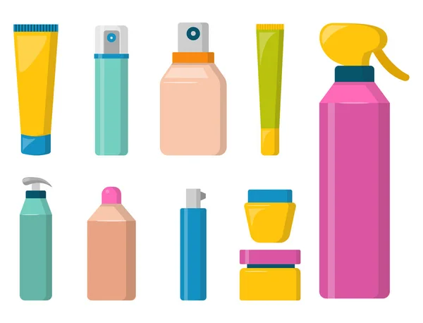 Bouteilles de cosmétique cosmétologie lotion maquillage beauté plastique liquide crème récipient fluide emballage vectoriel illustration . — Image vectorielle