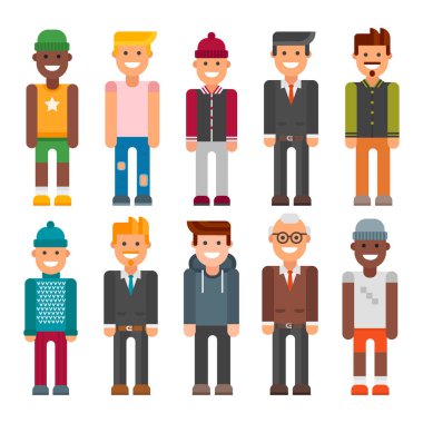 Grup erkek portre farklı milliyet dostluk karakter takım mutlu insanlar genç adam kişi vektör çizim.