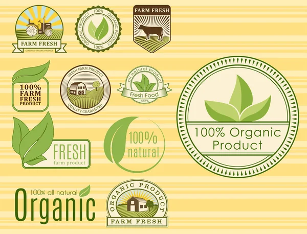 Biofattoria biologica eco modelli di cibo sano e vintage vegan colore verde per menu ristorante o illustrazione vettore distintivo pacchetto . — Vettoriale Stock