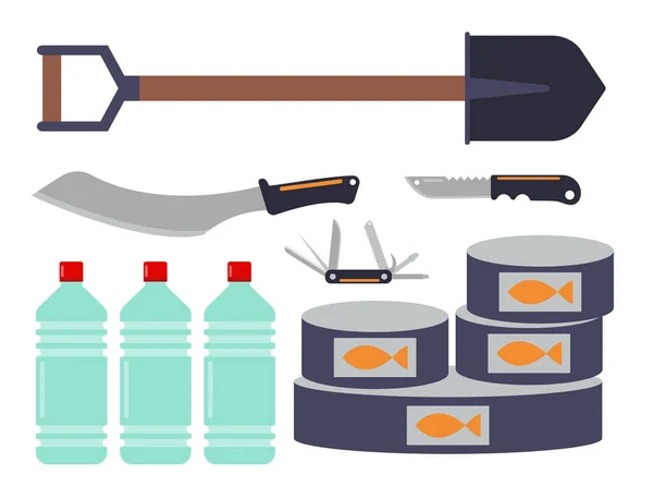 Noodgevallen Overlevingspakket voor evacuatie vector uitrusting items reizen camp gereedschap backpacken exploratie toerisme ramp hiking — Stockvector