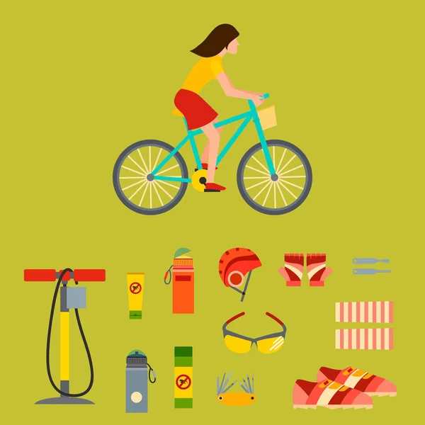 Accessoires de transport occasionnel actif vélo équipement de sport style de vie vélo plat vecteur vélo équipement illustration . — Image vectorielle