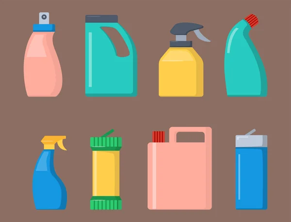 Botellas de productos químicos para el hogar suministros limpieza tareas domésticas líquido líquido líquido limpiador paquete vector ilustración . — Vector de stock