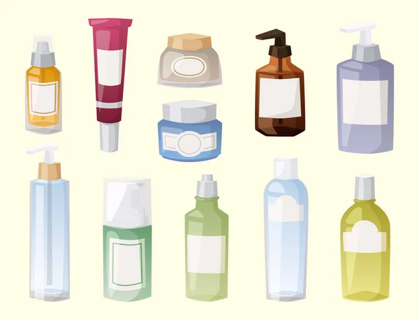 Bouteilles de cosmétique cosmétologie lotion maquillage beauté plastique liquide crème récipient fluide emballage vectoriel illustration . — Image vectorielle