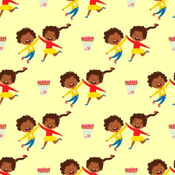 Kids play enjoy spring arrival warm summer little characters seamless pattern happy playing vector illustration.