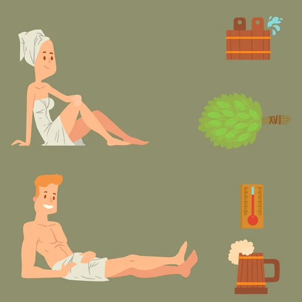 Baño personas cuerpo lavado cara y baño tomar vapor ducha tomar lujo relajación caracteres vector ilustración — Vector de stock