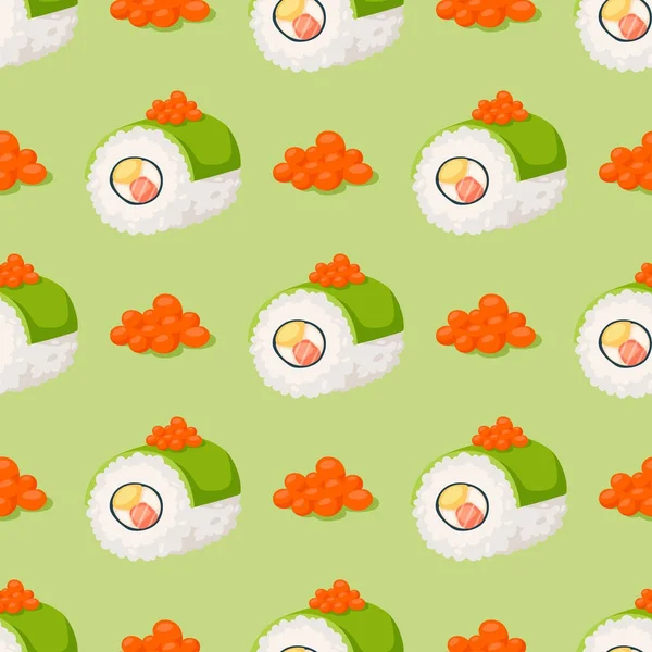 Sushi cocina japonesa comida tradicional plana saludable gourmet sin costuras patrón fondo Asia harina cultura rollo vector ilustración . — Vector de stock