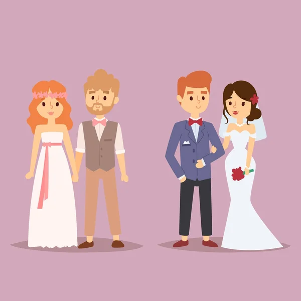 Matrimonio coppia vettore bella ragazza modello in abito bianco e l'uomo in abito sposa illustrazione — Vettoriale Stock