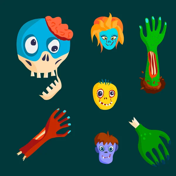 Colorful zombie scary cartoon character and magic people body part cartoon fun monster vector illustration