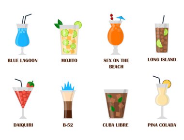 Alkol içki içecekler kokteyl lager konteyner sarhoş farklı gözlük vektör çizim.