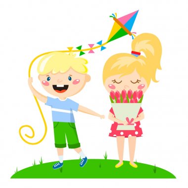 Çocuklar oyun keyfini bahar varış sıcak yaz küçük karakterler mutlu oynarken vektör çizim.