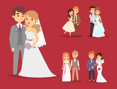 Evlilik çift beyaz elbiseli güzel model kız ve erkeklerde takım elbise gelin illüstrasyon vektör