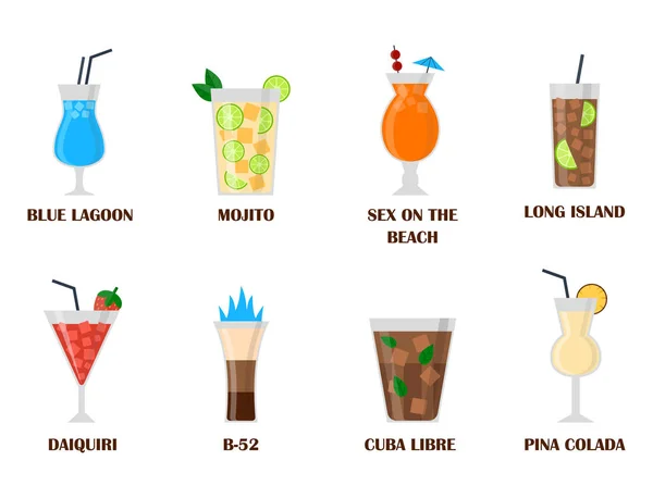 Bebidas alcohólicas bebidas cóctel lager contenedor borracho diferentes vasos vector ilustración . — Vector de stock
