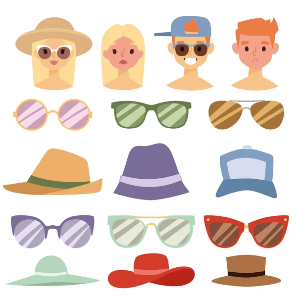 Strand accessoires zomer hoeden mensen avatars collectie vector mode strand reizen mooie hoofd beschermkap. — Stockvector
