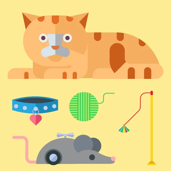 Красочный кошачий аксессуар милые векторные иконки животных домашнее оборудование корм домашней кошачьей иллюстрации . — стоковый вектор