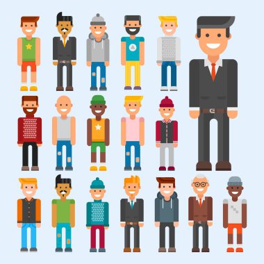 Grup erkek portre farklı milliyet dostluk karakter takım mutlu insanlar genç adam kişi vektör çizim.