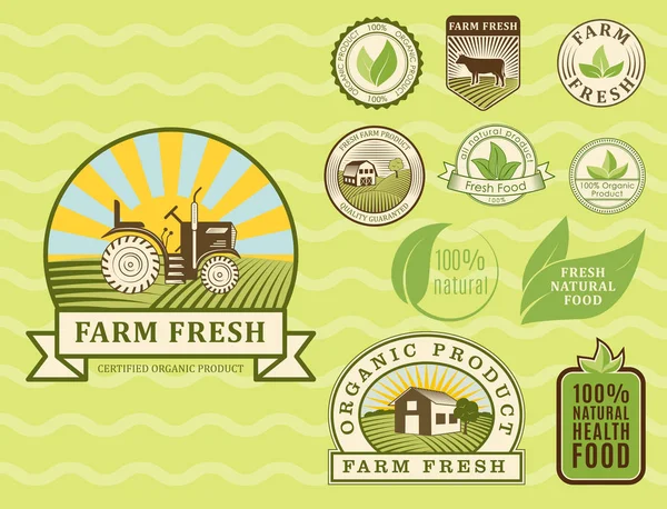Bio farm organic eco hälsosam mat mallar och vintage vegansk grön färg för restaurang meny eller paketet badge vektorillustration. — Stock vektor